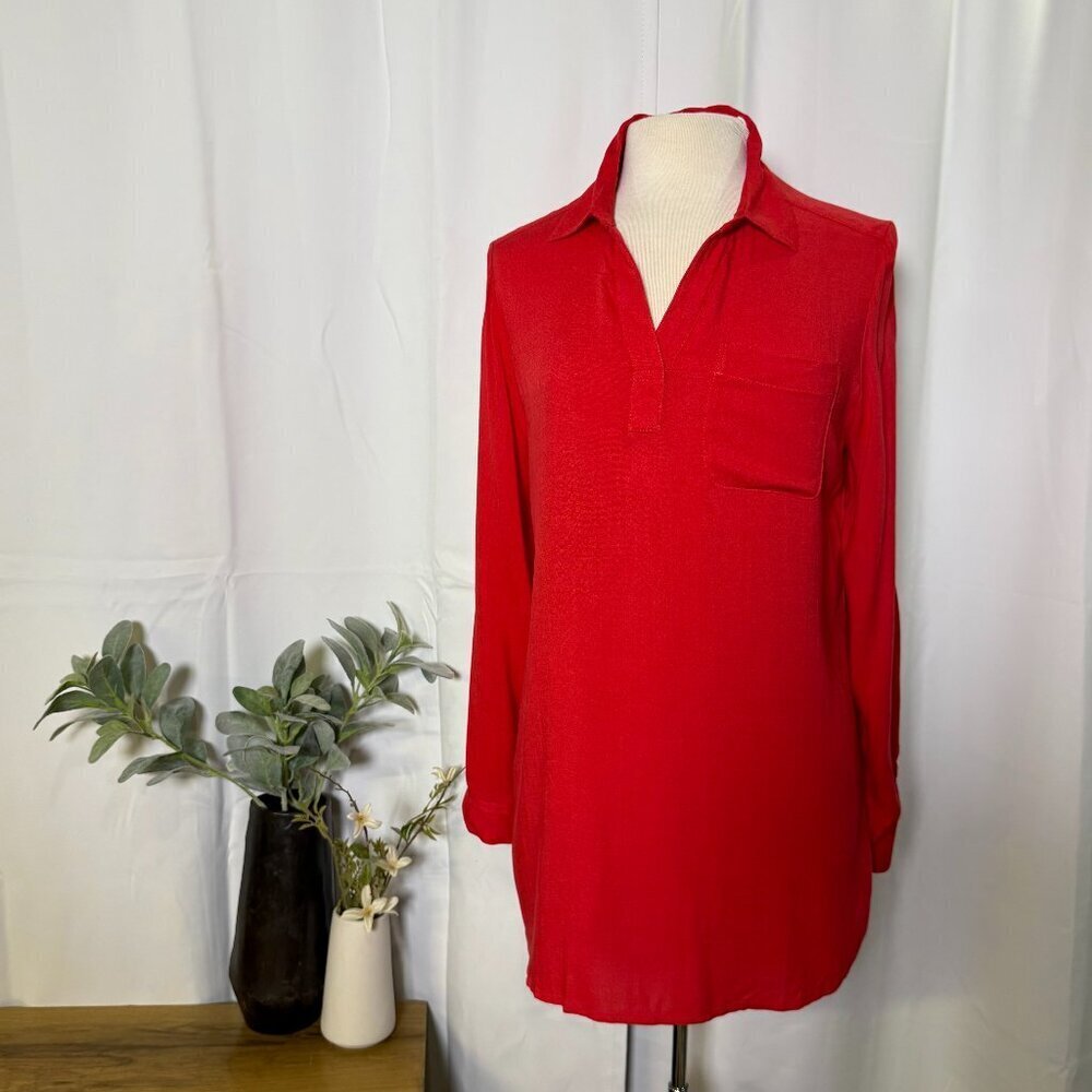 3/$20 Chicos Sheer Red Long Sleeve collared top with back Button Detail Medium